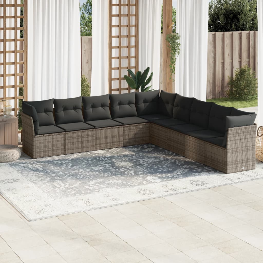 9 Pcs conjunto sofás p/ jardim com almofadões vime PE cinzento