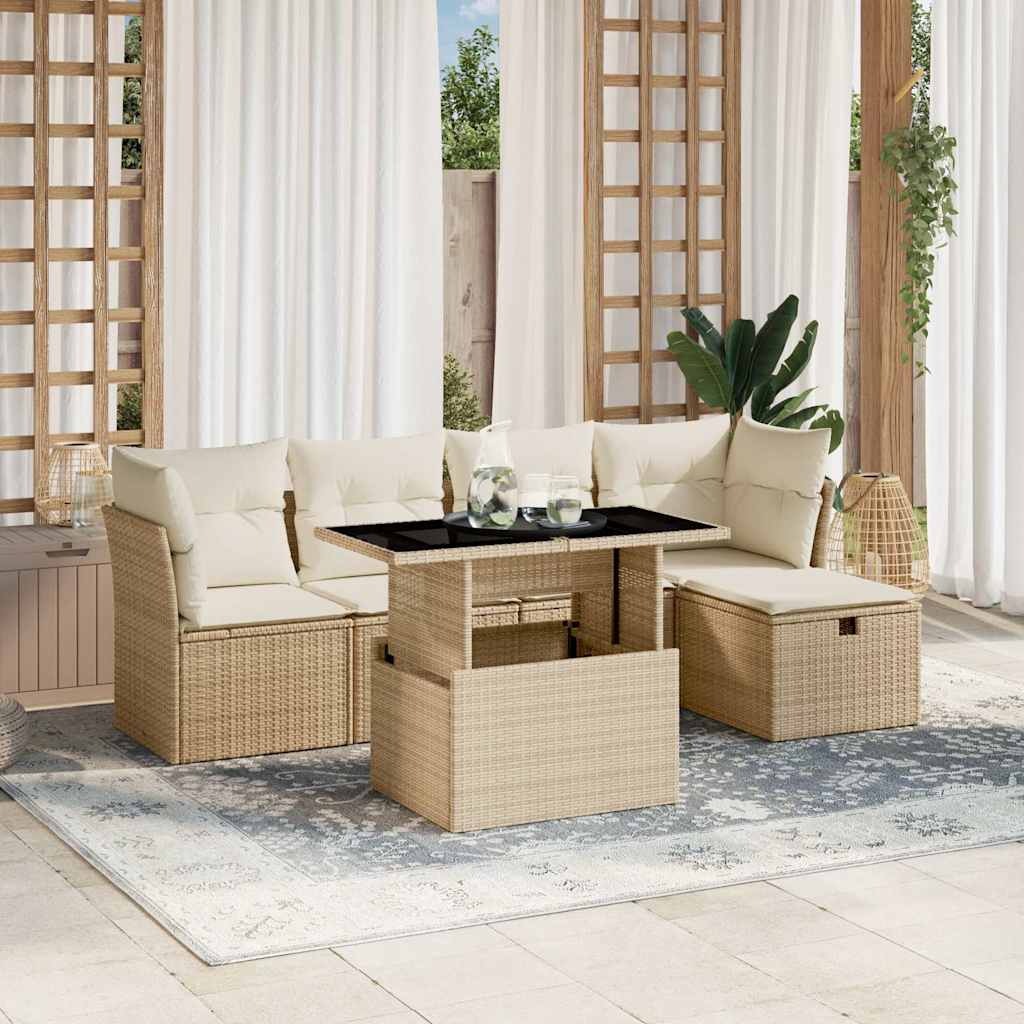 6 Pcs conjunto de sofás p/ jardim com almofadões vime PE bege