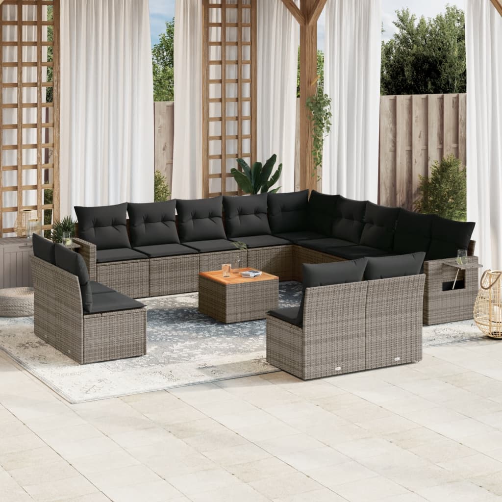 14 Pcs conjunto sofás p/ jardim c/ almofadões vime PE cinzento