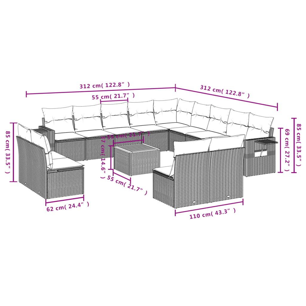 14 Pcs conjunto sofás p/ jardim c/ almofadões vime PE cinzento