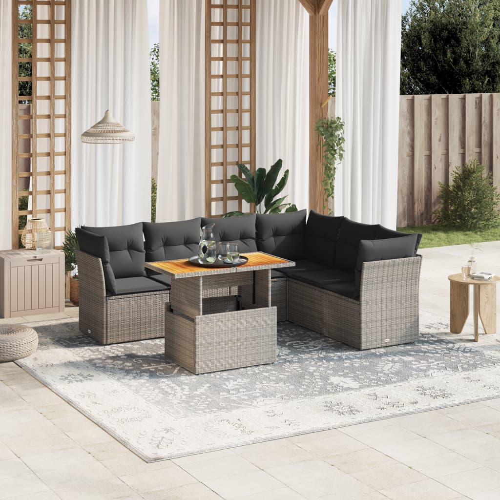 7 Pcs conjunto sofás p/ jardim c/ almofadões vime PE cinzento
