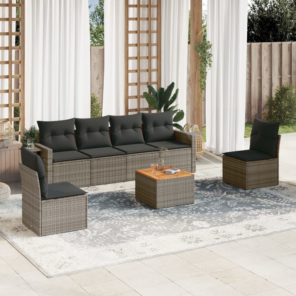 7 Pcs conjunto sofás p/ jardim c/ almofadões vime PE cinzento