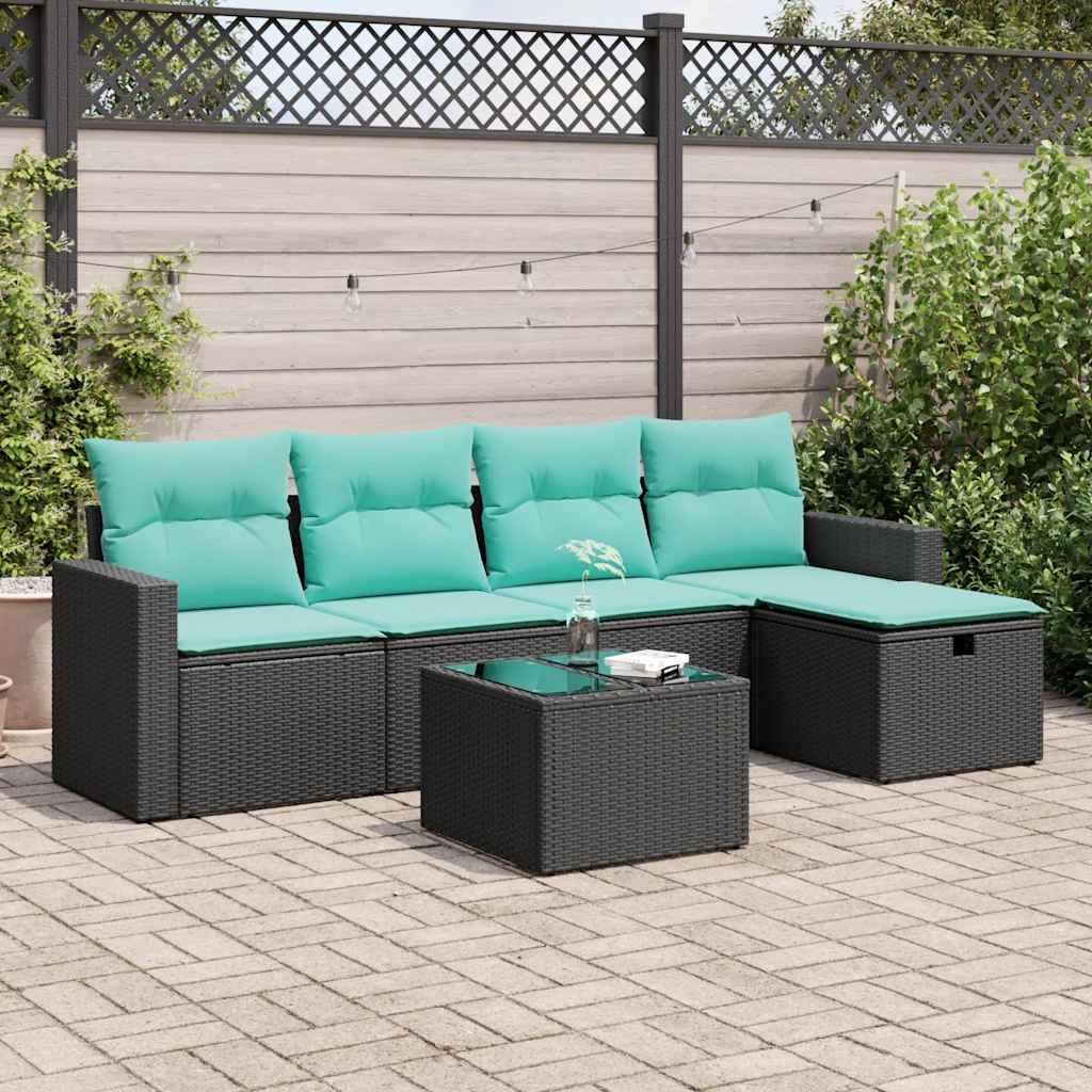 6 Pcs conjunto sofás de jardim c/ almofadões vime PE preto