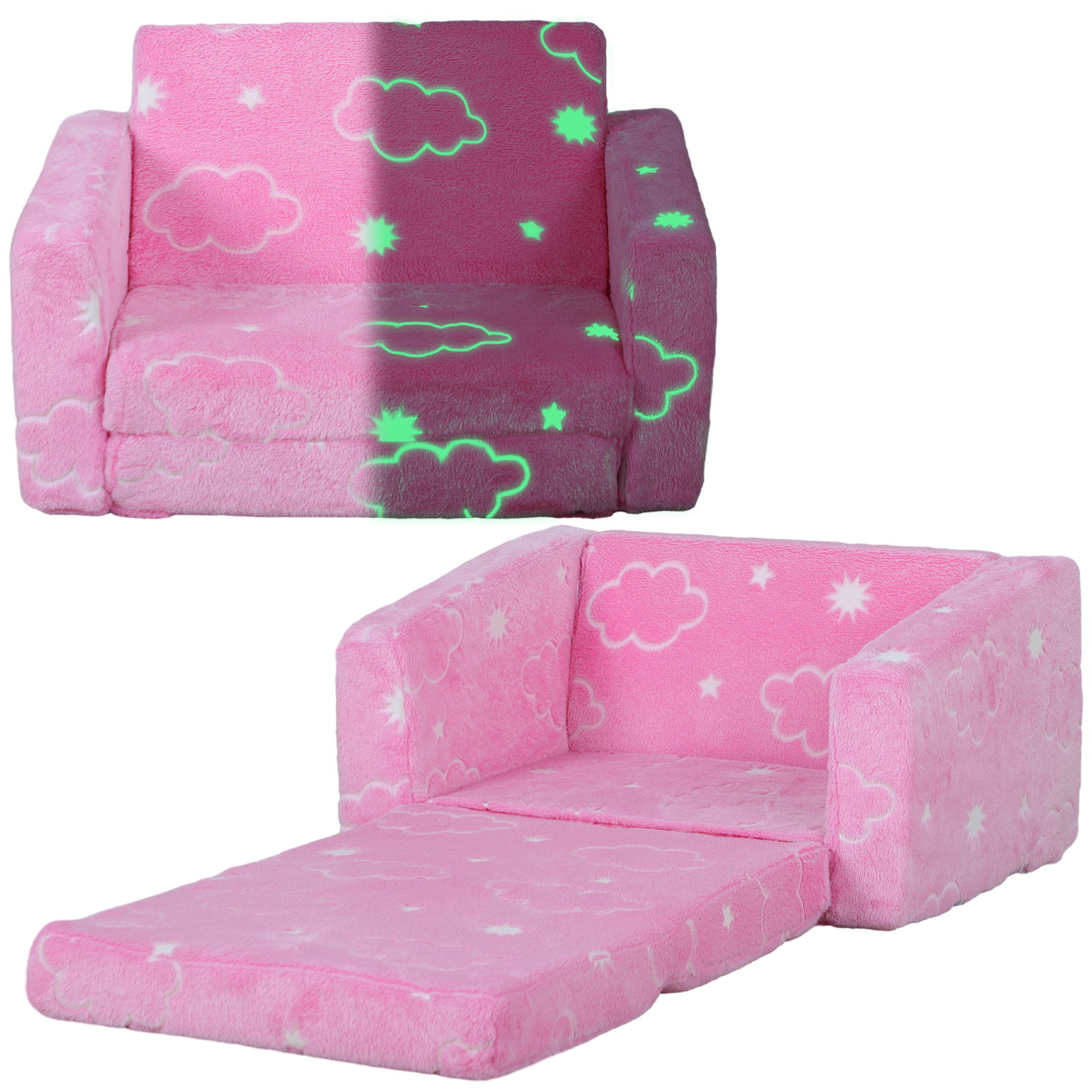 Poltrona para crianças dobrável e reclinável sofá para crianças estofado em tecido luminoso com desenho de nuvens rosa
