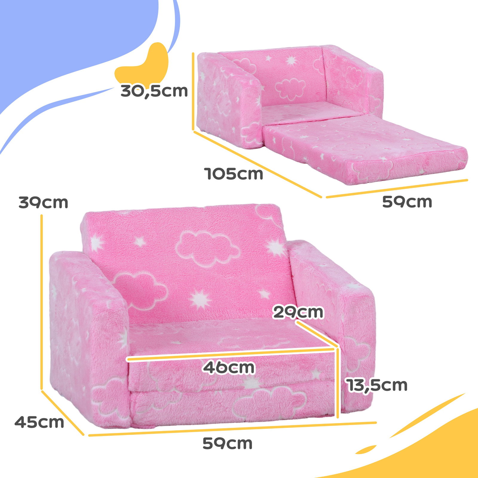 Poltrona para crianças dobrável e reclinável sofá para crianças estofado em tecido luminoso com desenho de nuvens rosa