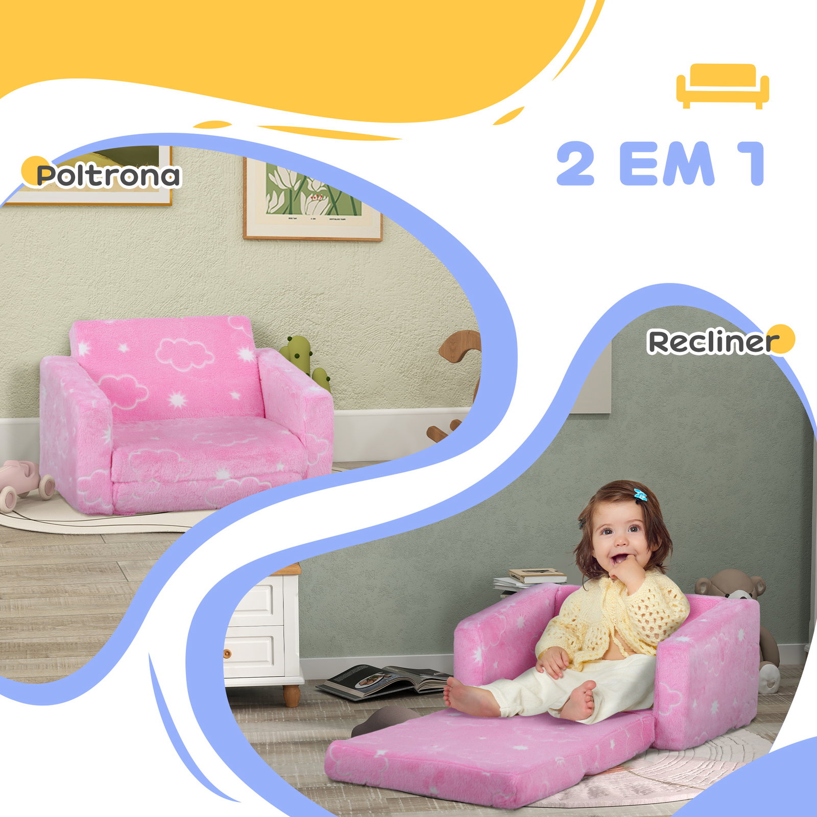 Poltrona para crianças dobrável e reclinável sofá para crianças estofado em tecido luminoso com desenho de nuvens rosa