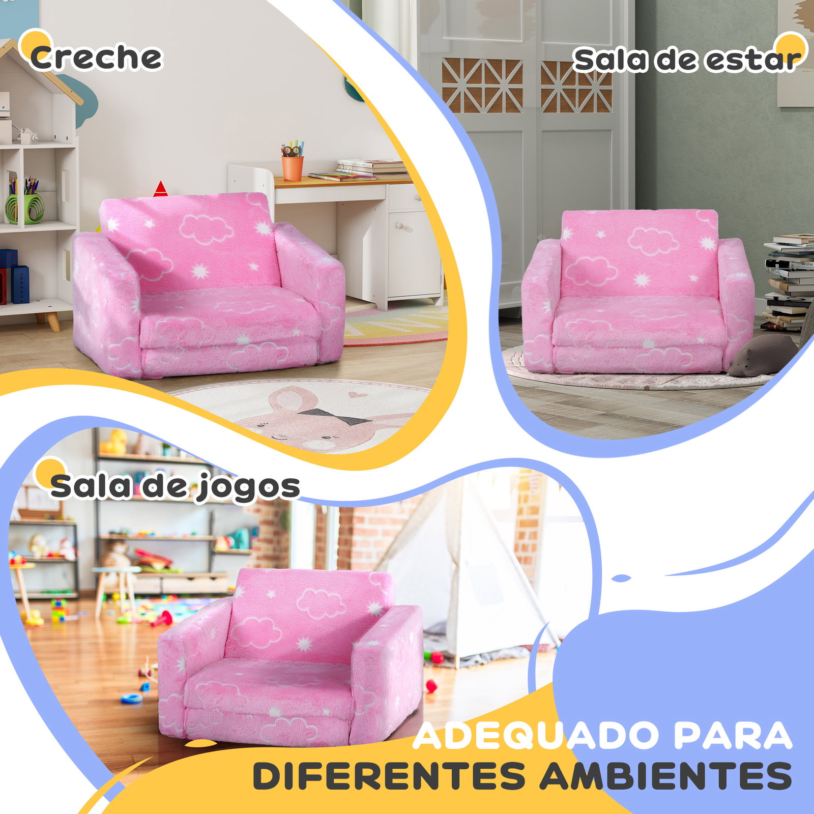 Poltrona para crianças dobrável e reclinável sofá para crianças estofado em tecido luminoso com desenho de nuvens rosa