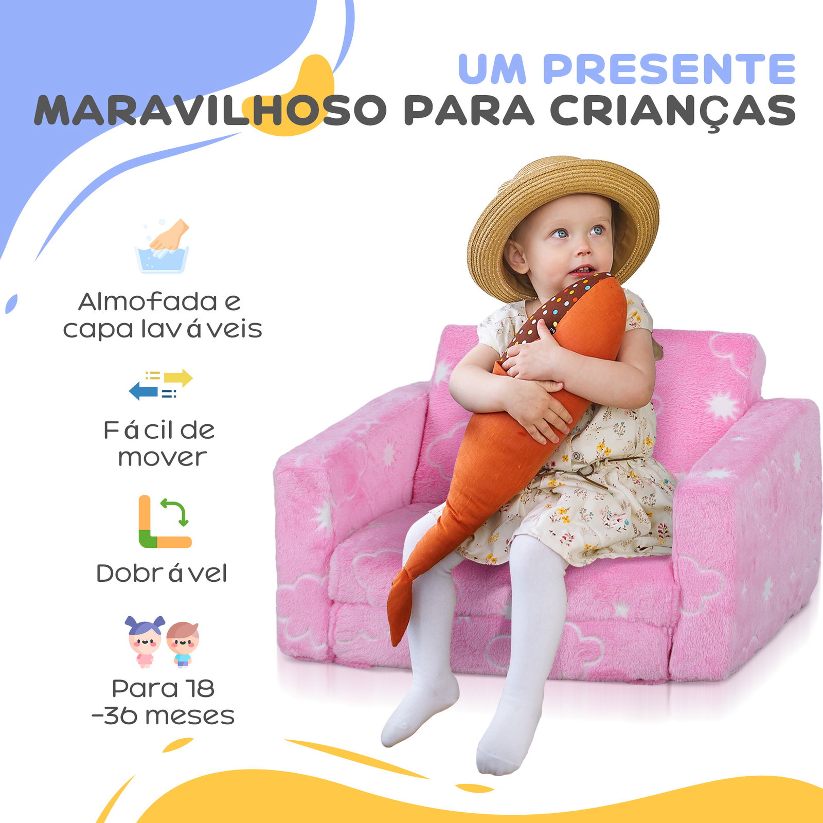 Poltrona para crianças dobrável e reclinável sofá para crianças estofado em tecido luminoso com desenho de nuvens rosa
