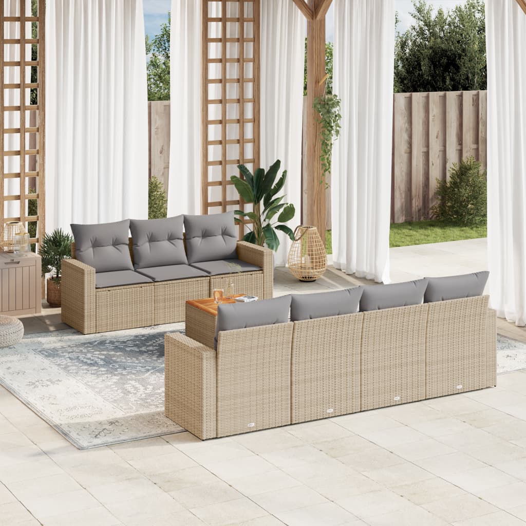 8 Pcs conj. sofás jardim c/ almofadões vime PE bege misturado