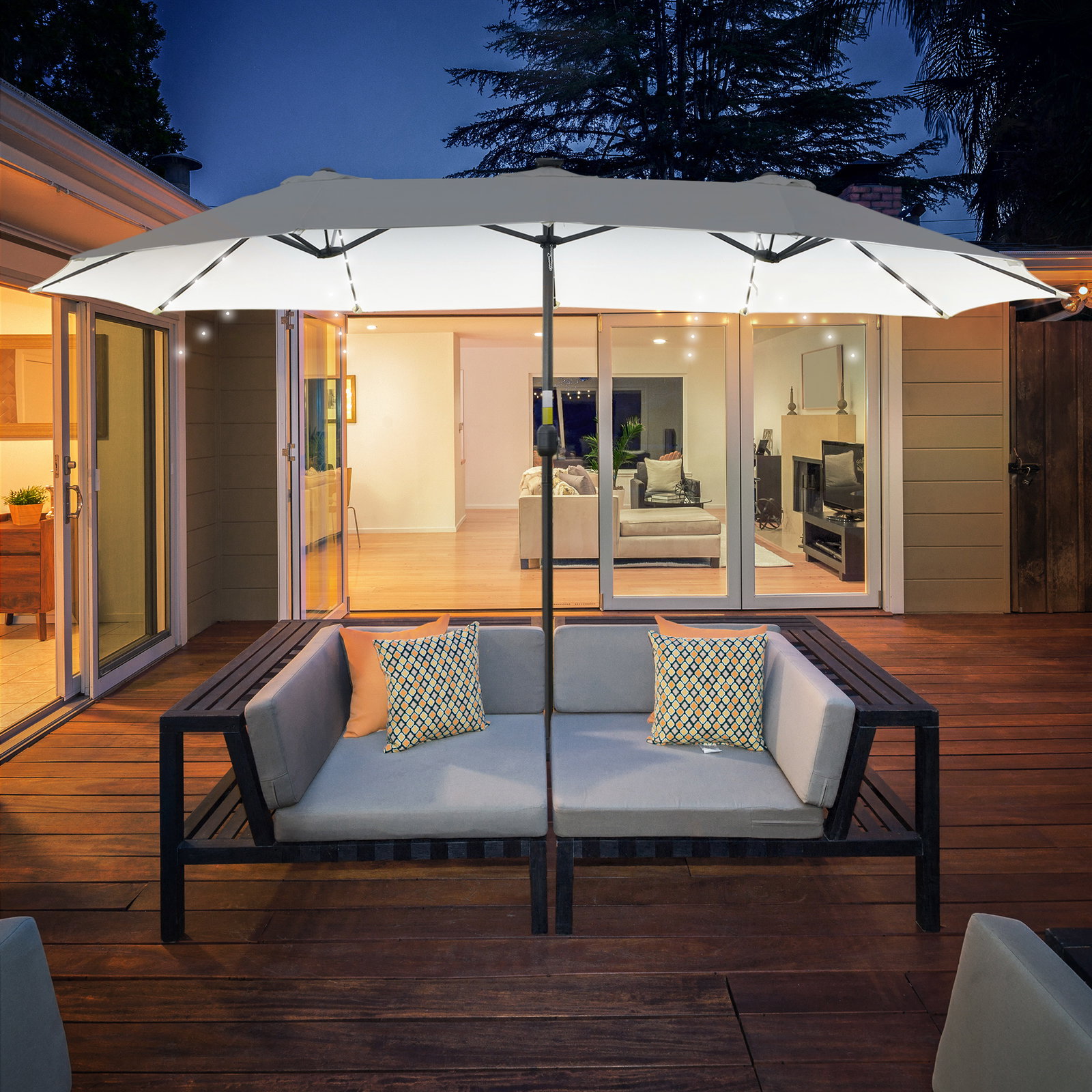 Chapéu de sol duplo com 48 luzes LED 4,5x2,65 m manivela proteção solar para terraço jardim piscina creme