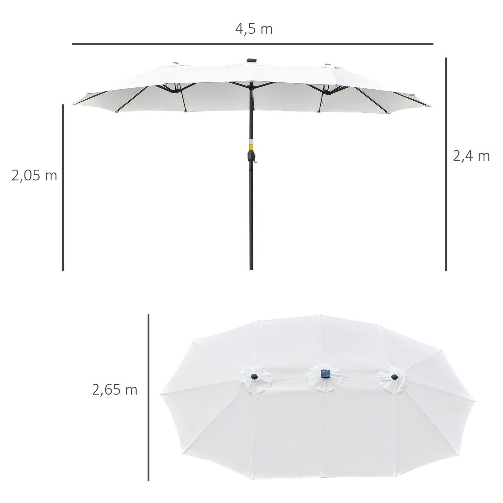 Chapéu de sol duplo com 48 luzes LED 4,5x2,65 m manivela proteção solar para terraço jardim piscina creme