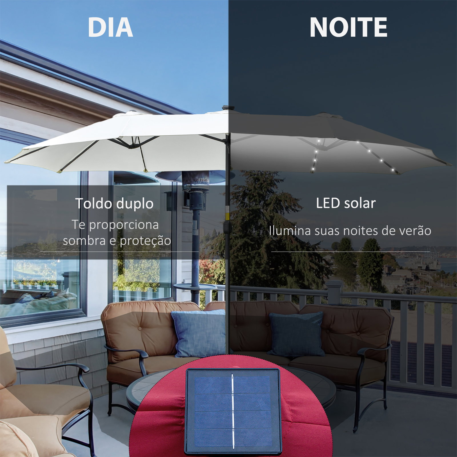 Chapéu de sol duplo com 48 luzes LED 4,5x2,65 m manivela proteção solar para terraço jardim piscina creme