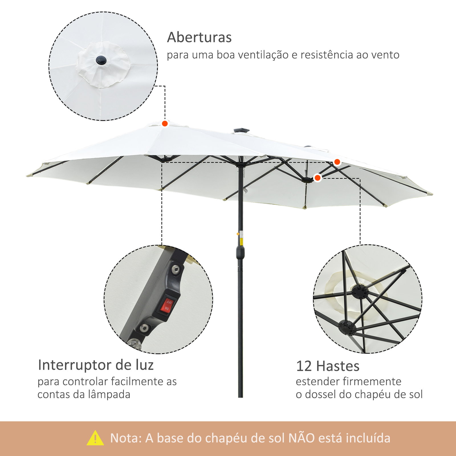 Chapéu de sol duplo com 48 luzes LED 4,5x2,65 m manivela proteção solar para terraço jardim piscina creme