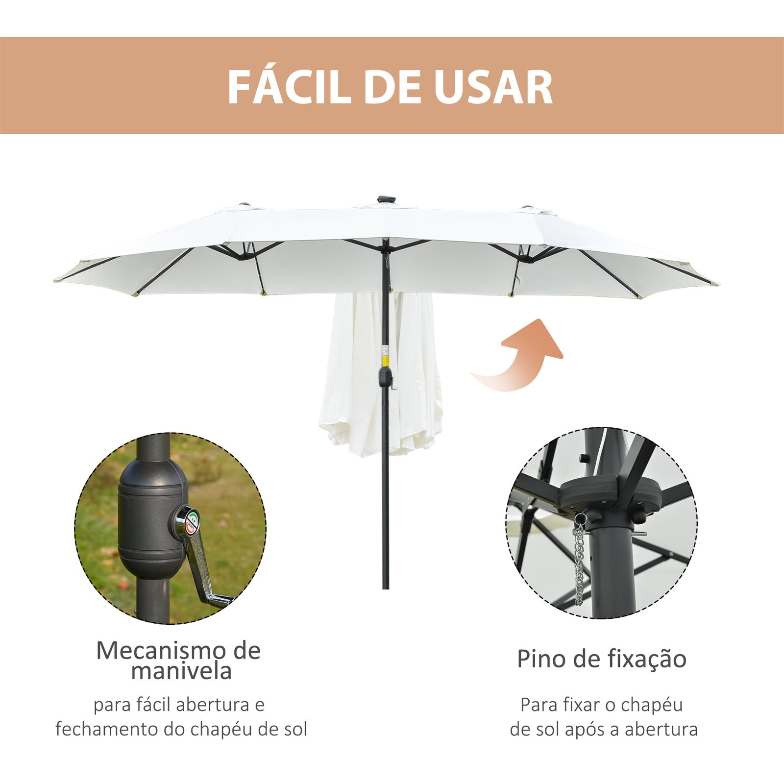 Chapéu de sol duplo com 48 luzes LED 4,5x2,65 m manivela proteção solar para terraço jardim piscina creme