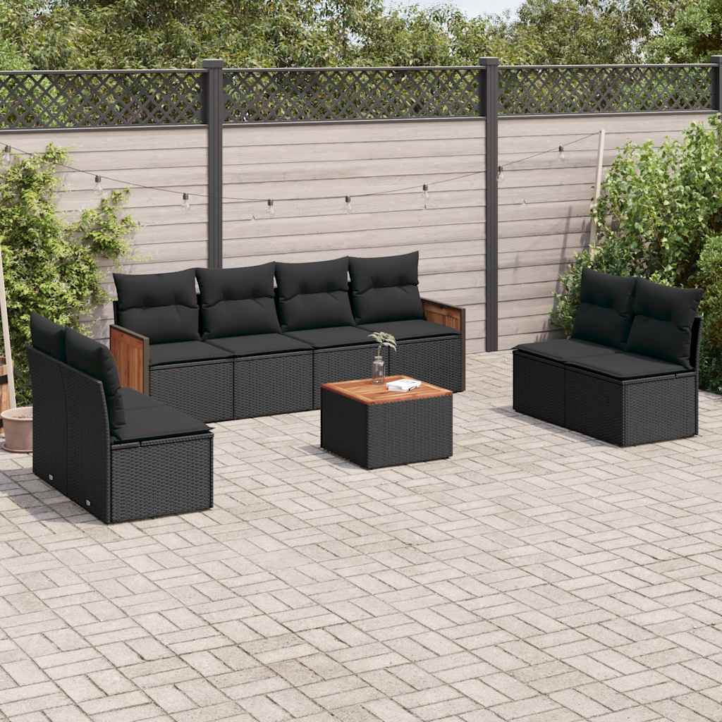 9 Pcs conjunto de sofás p/ jardim c/ almofadões vime PE preto