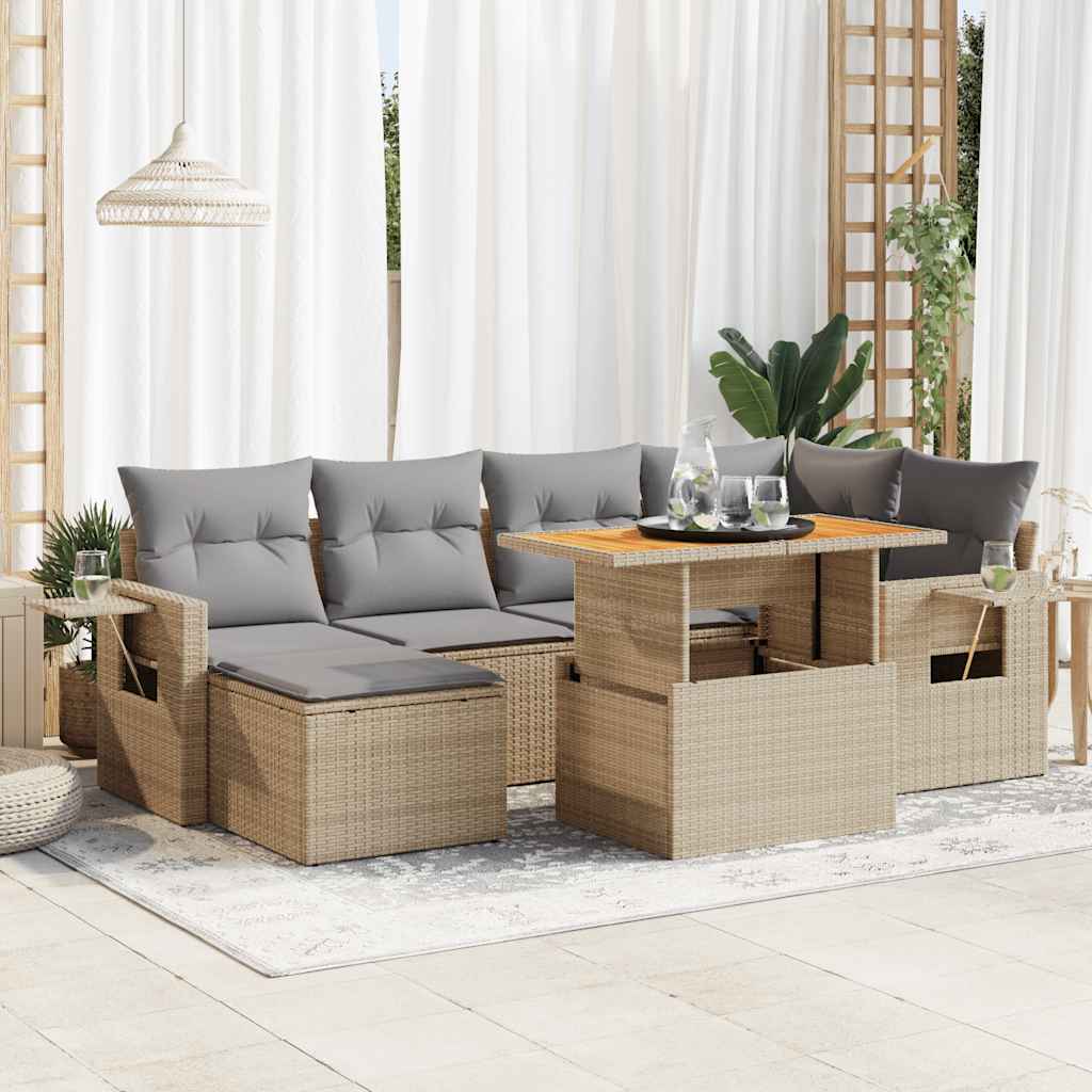 7 Pcs conjunto de sofás p/ jardim com almofadões vime PE bege