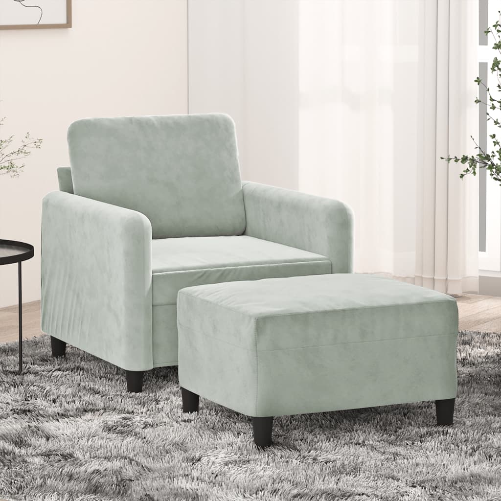 Poltrona com apoio de pés 60 cm veludo cinzento-claro