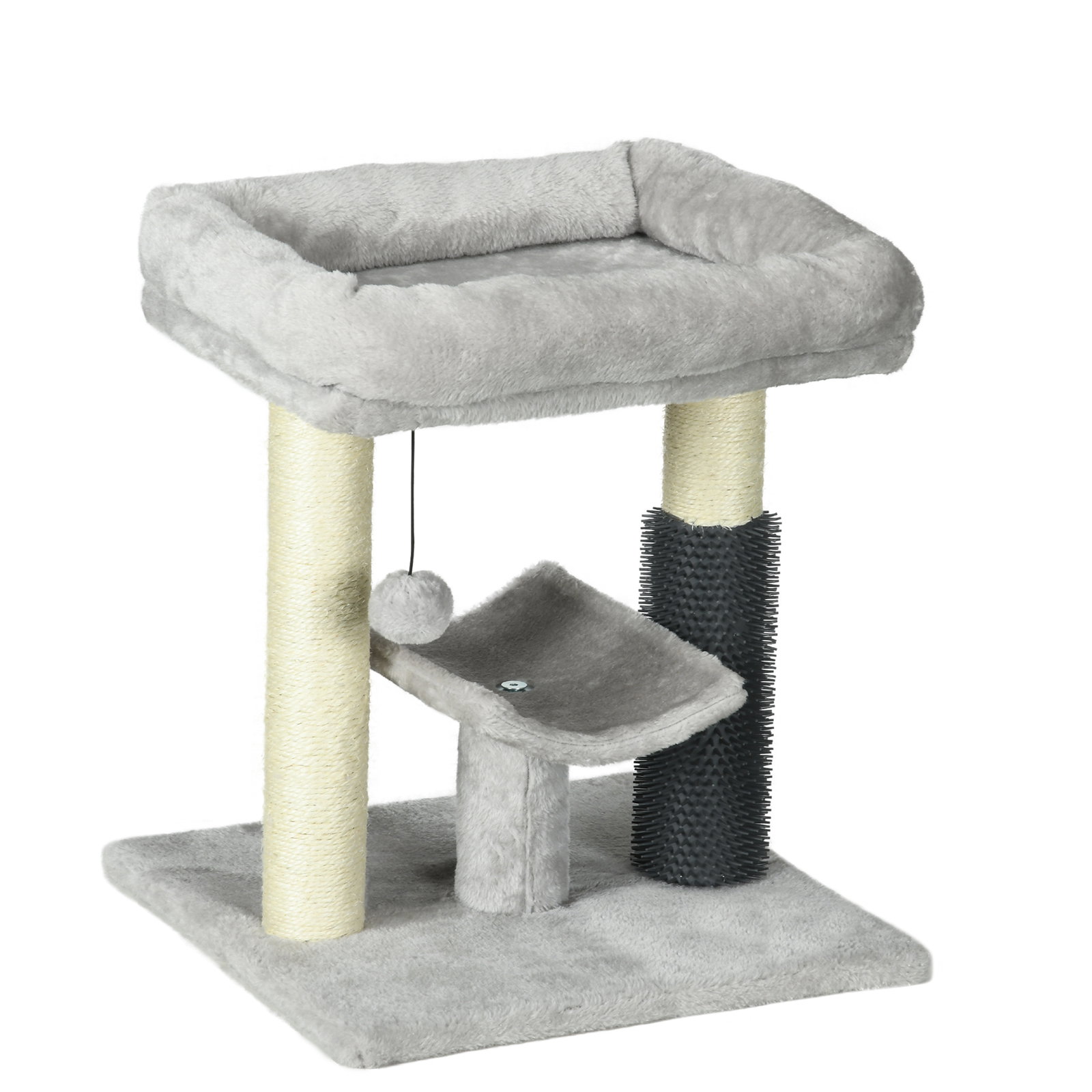 Arranhador para gatos com 2 postes de arranhar cama plataforma em u e escova bola suspensa 40x40x48 cm cinza