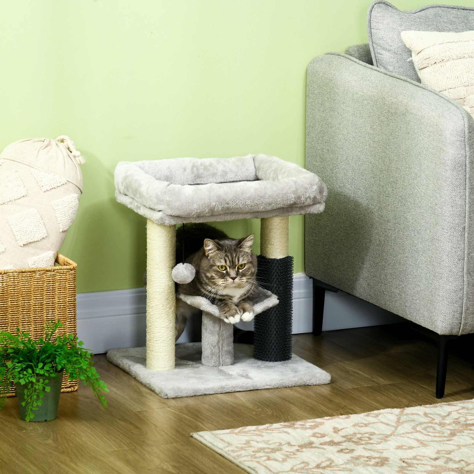 Arranhador para gatos com 2 postes de arranhar cama plataforma em u e escova bola suspensa 40x40x48 cm cinza