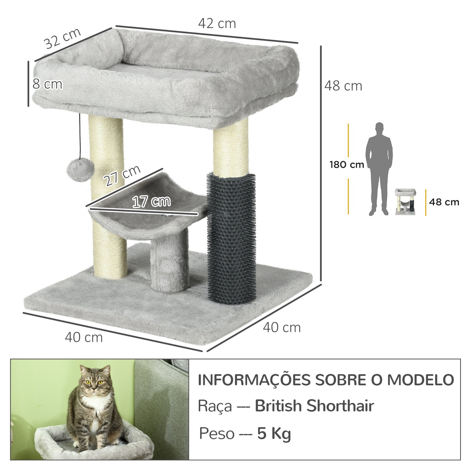 Arranhador para gatos com 2 postes de arranhar cama plataforma em u e escova bola suspensa 40x40x48 cm cinza
