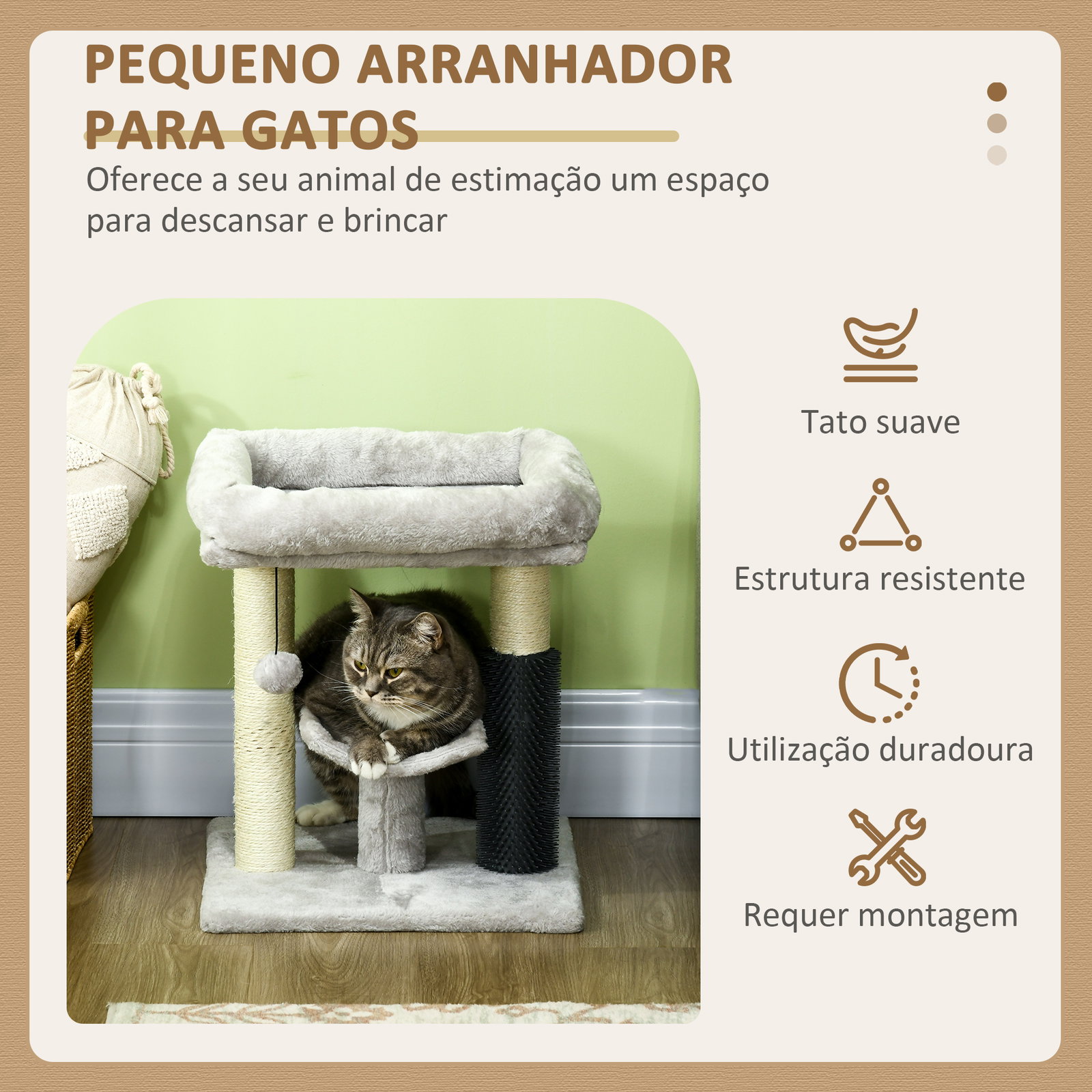 Arranhador para gatos com 2 postes de arranhar cama plataforma em u e escova bola suspensa 40x40x48 cm cinza