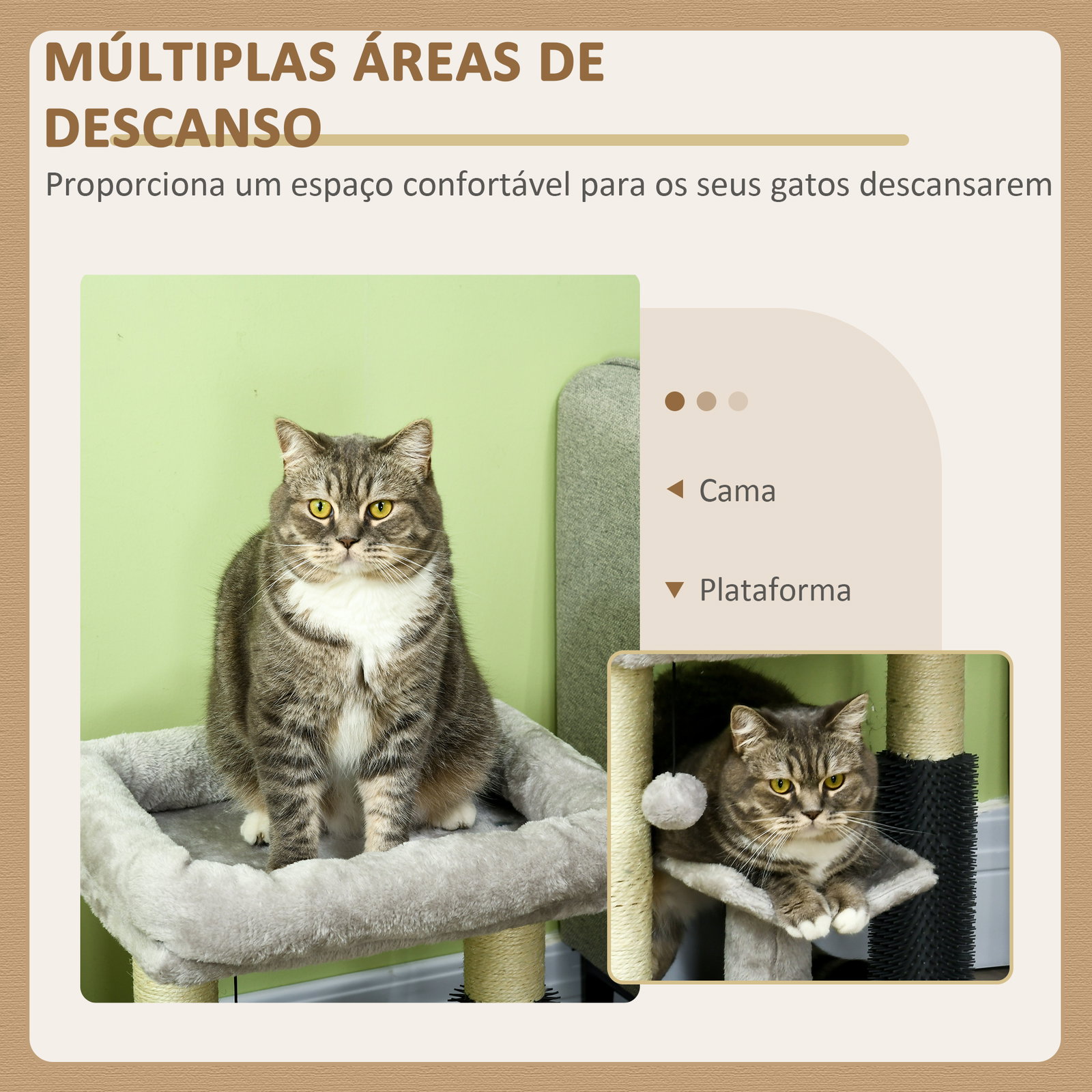 Arranhador para gatos com 2 postes de arranhar cama plataforma em u e escova bola suspensa 40x40x48 cm cinza
