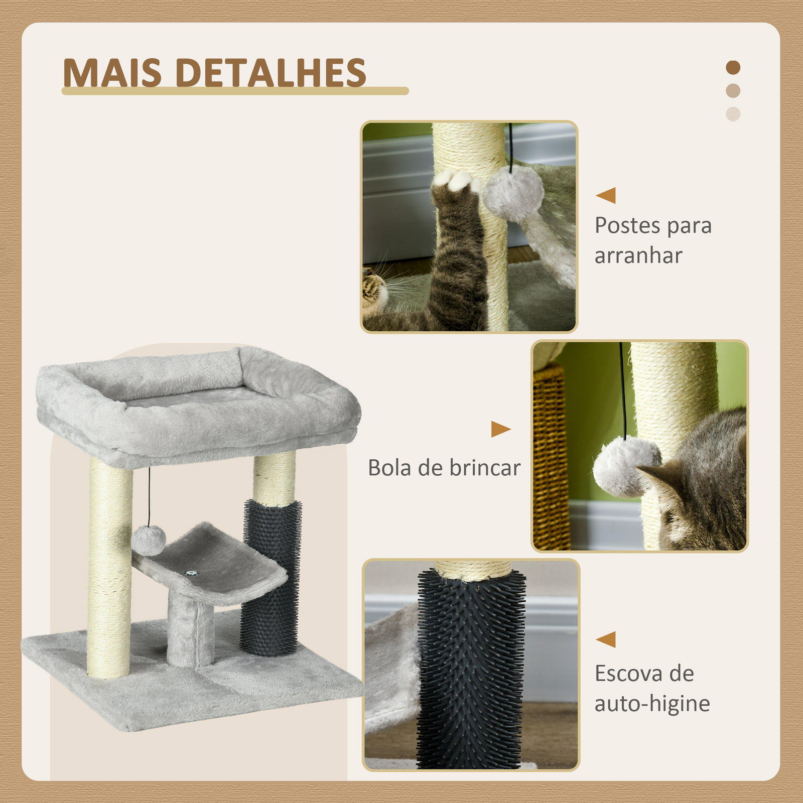 Arranhador para gatos com 2 postes de arranhar cama plataforma em u e escova bola suspensa 40x40x48 cm cinza