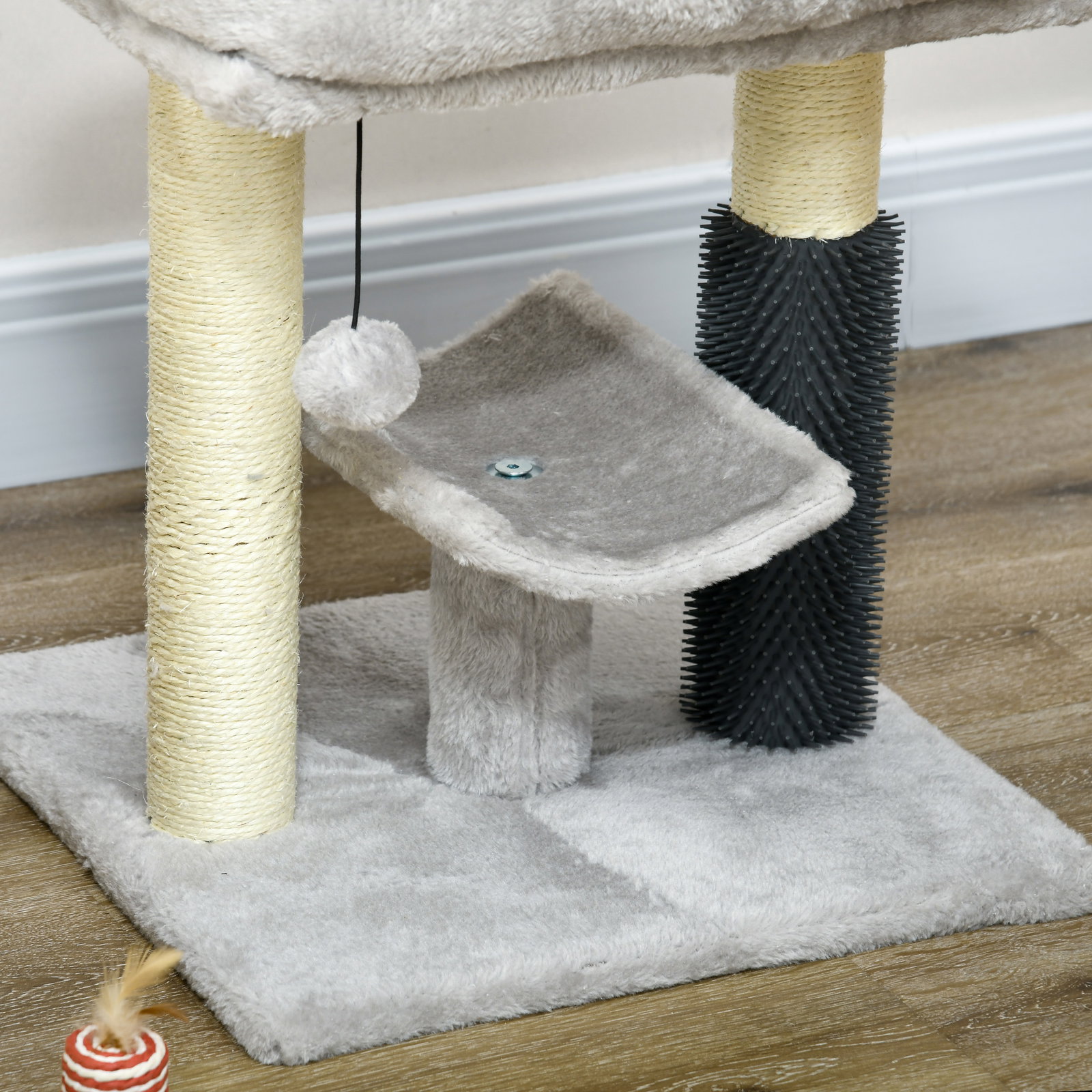 Arranhador para gatos com 2 postes de arranhar cama plataforma em u e escova bola suspensa 40x40x48 cm cinza