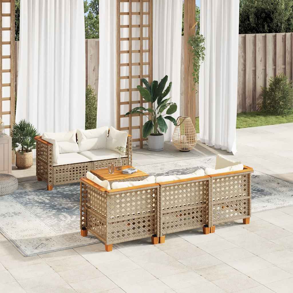 6 Pcs conjunto de sofás p/ jardim com almofadões vime PE bege