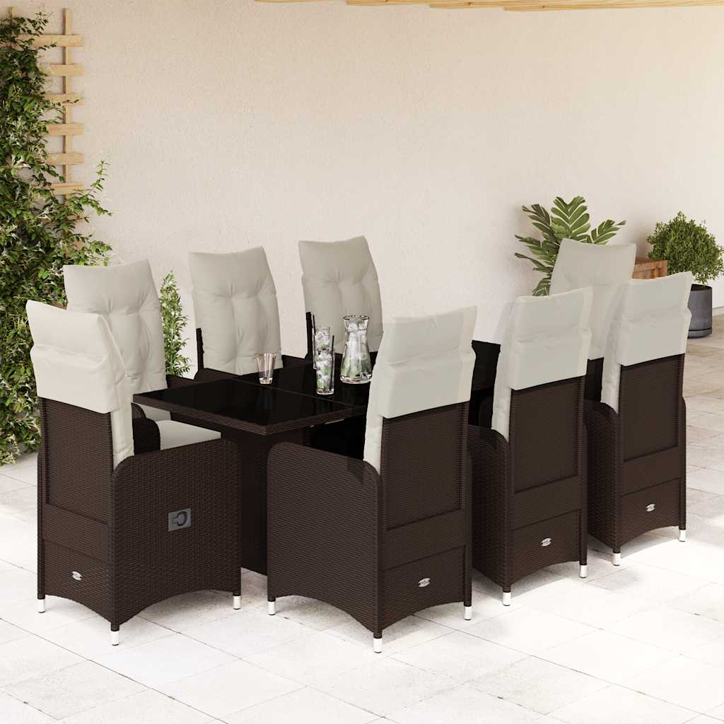 9 Pcs conjunto bistrô de jardim c/ almofadões vime PE castanho
