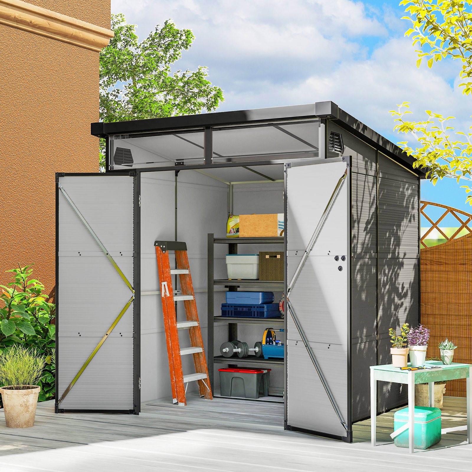 Abrigo de jardim 3,24 m² 190x191x215 cm com porta de correr e trinco janela e ventilação para armazenamento de ferramentas cinza claro