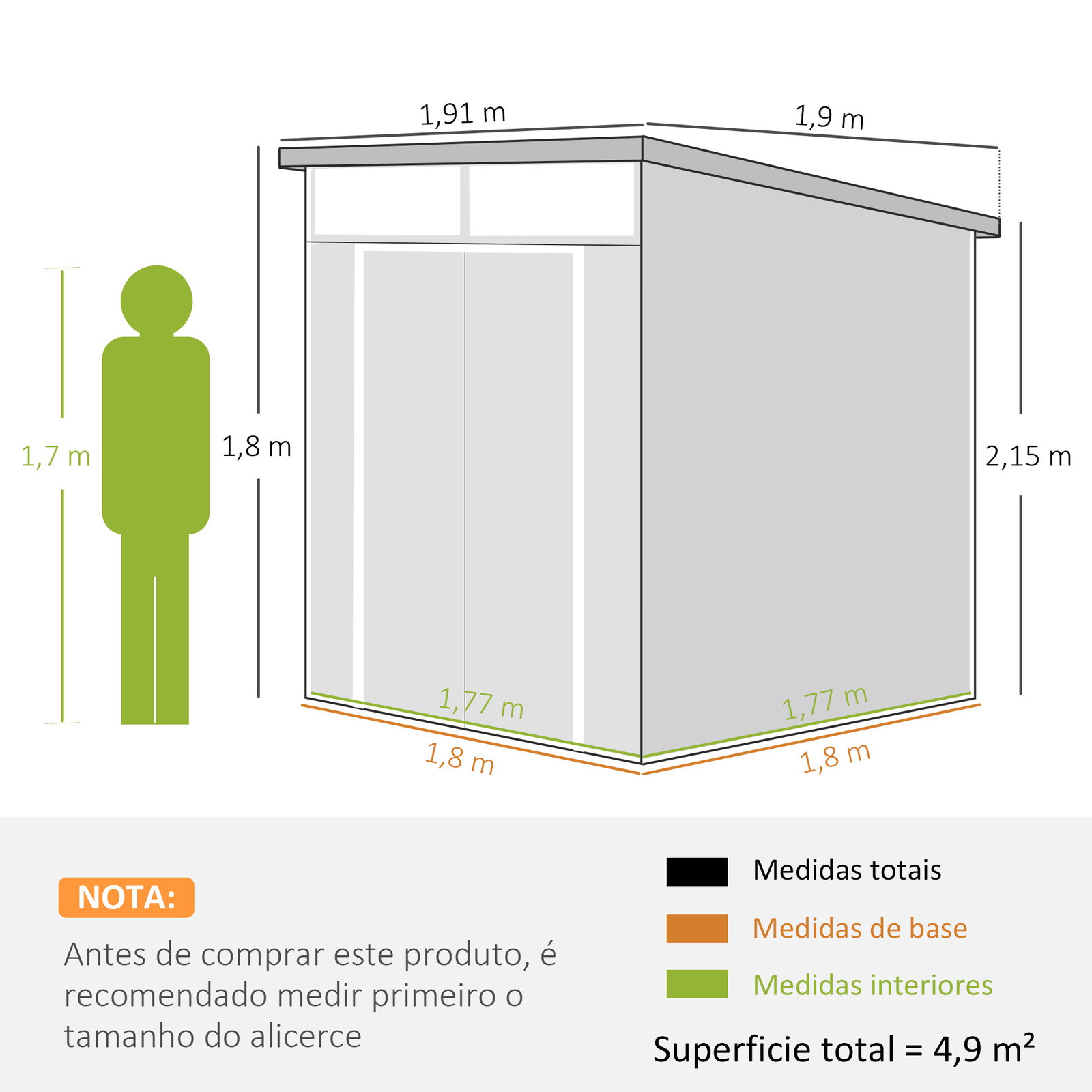 Abrigo de jardim 3,24 m² 190x191x215 cm com porta de correr e trinco janela e ventilação para armazenamento de ferramentas cinza claro