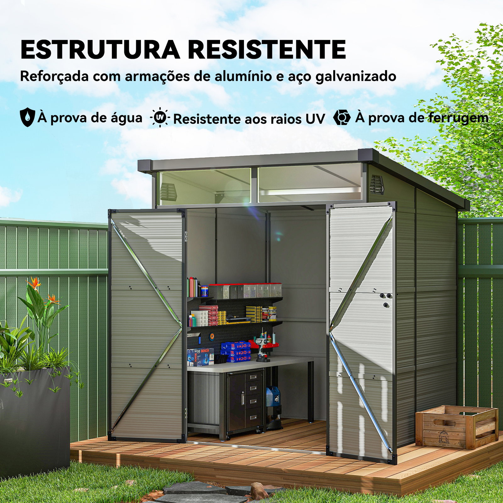 Abrigo de jardim 3,24 m² 190x191x215 cm com porta de correr e trinco janela e ventilação para armazenamento de ferramentas cinza claro