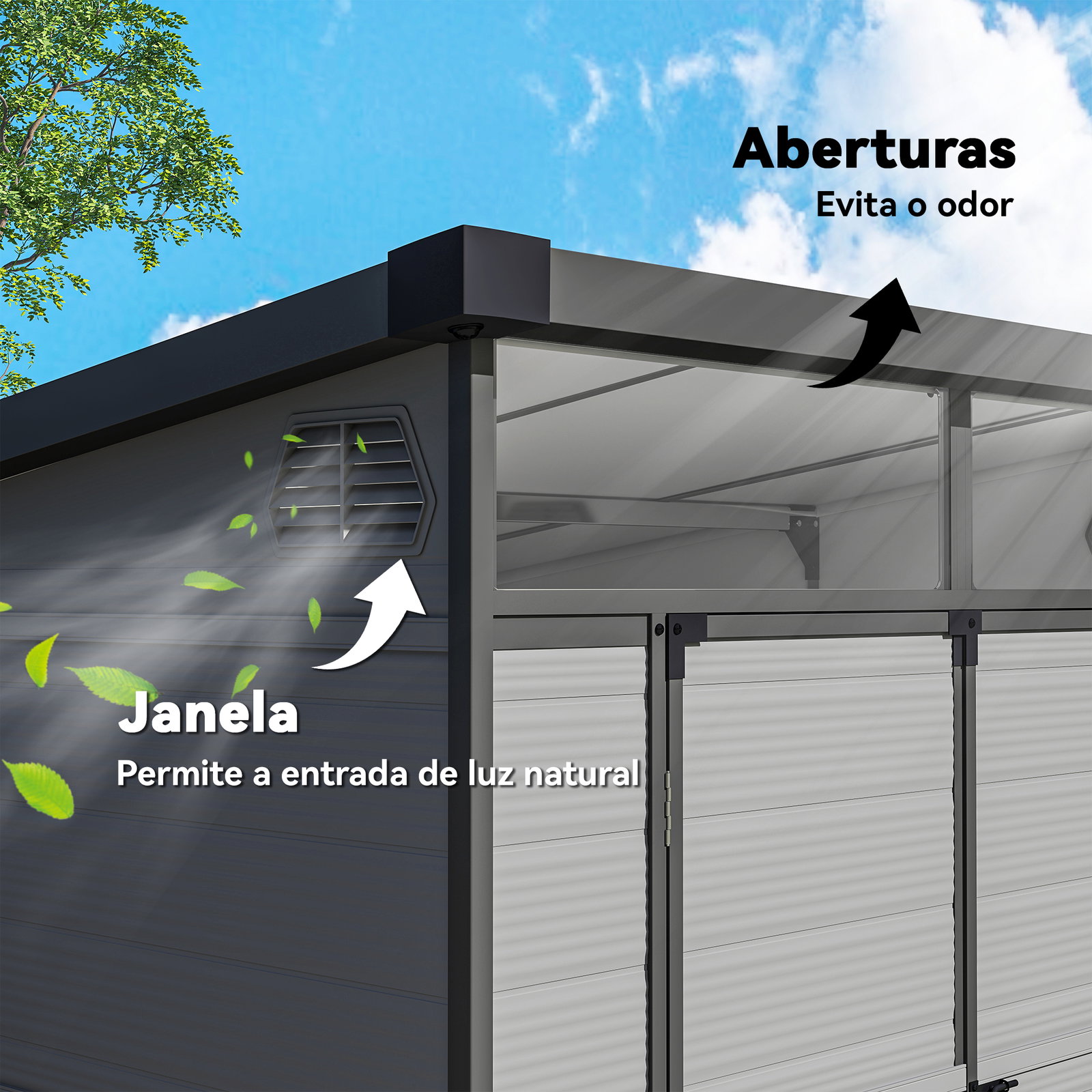 Abrigo de jardim 3,24 m² 190x191x215 cm com porta de correr e trinco janela e ventilação para armazenamento de ferramentas cinza claro
