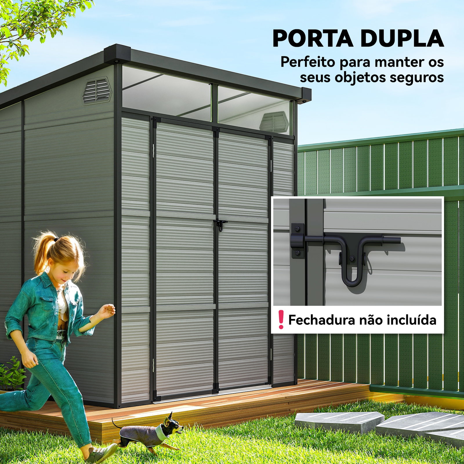 Abrigo de jardim 3,24 m² 190x191x215 cm com porta de correr e trinco janela e ventilação para armazenamento de ferramentas cinza claro
