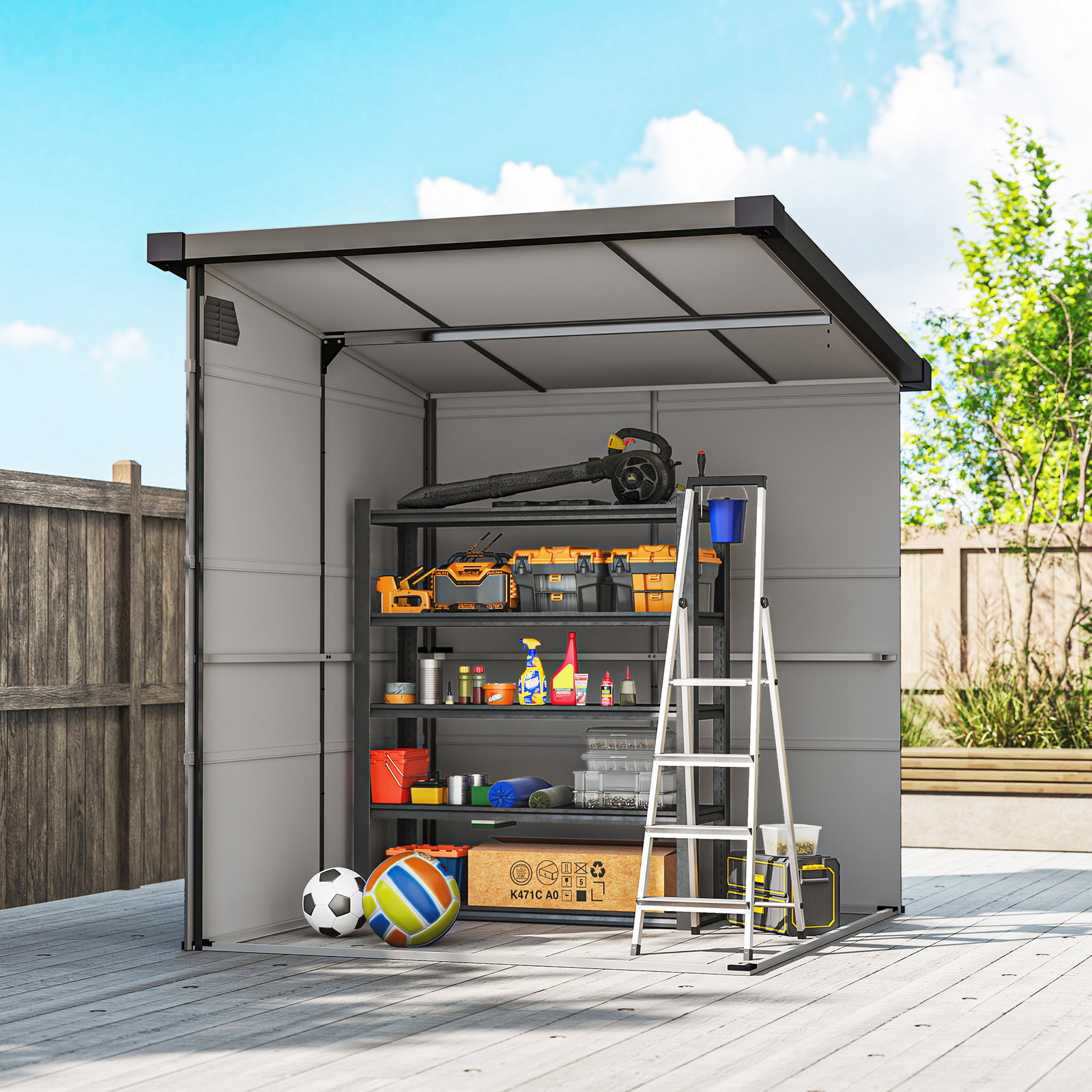 Abrigo de jardim 3,24 m² 190x191x215 cm com porta de correr e trinco janela e ventilação para armazenamento de ferramentas cinza claro