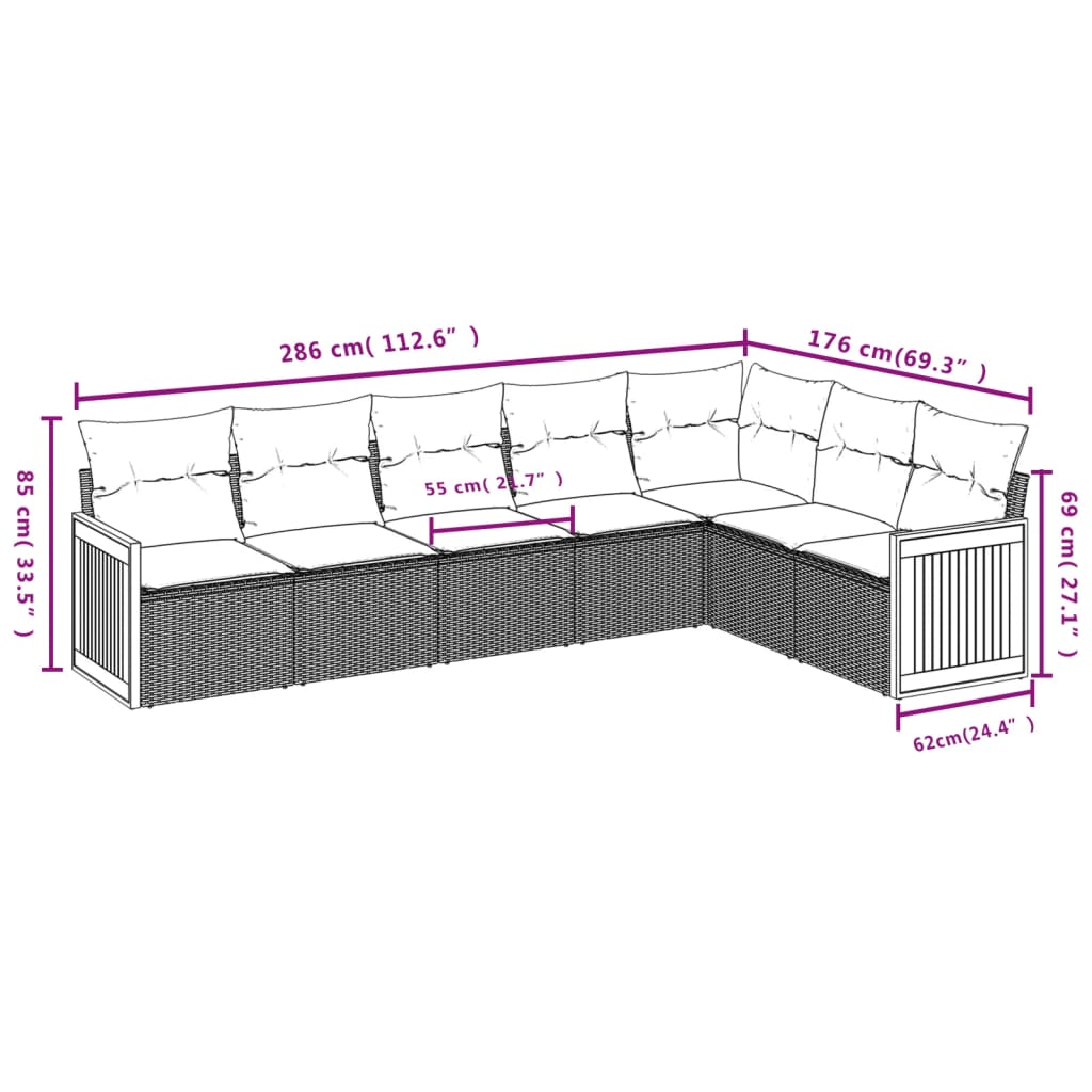7 Pcs conjunto sofás p/ jardim c/ almofadões vime PE cinzento