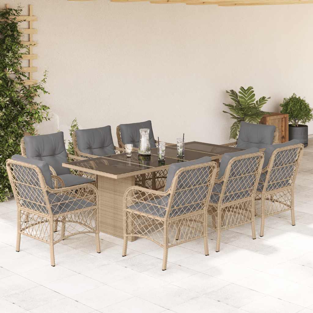 9 Pcs conj. jantar jardim c/ almofadões vime PE bege misturado