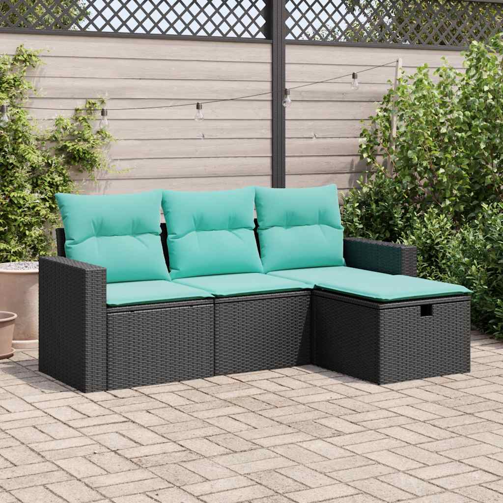 4 Pcs conjunto de sofás para jardim c/ almofadões vime PE preto