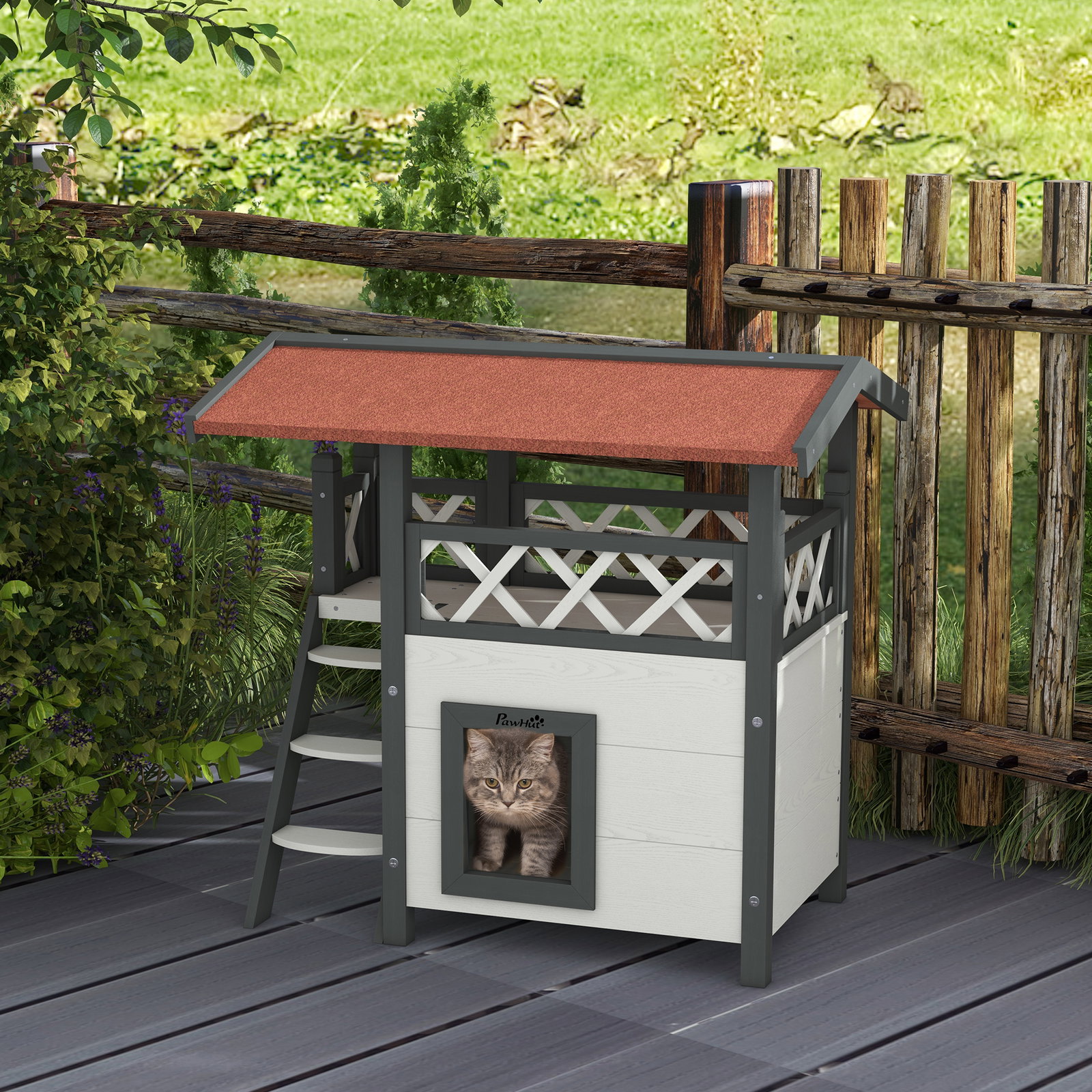 Casa para gatos de madeira 77x50x73cm casa para gatos com 2 níveis com teto asfáltico terraço cercado caverna e escada branco