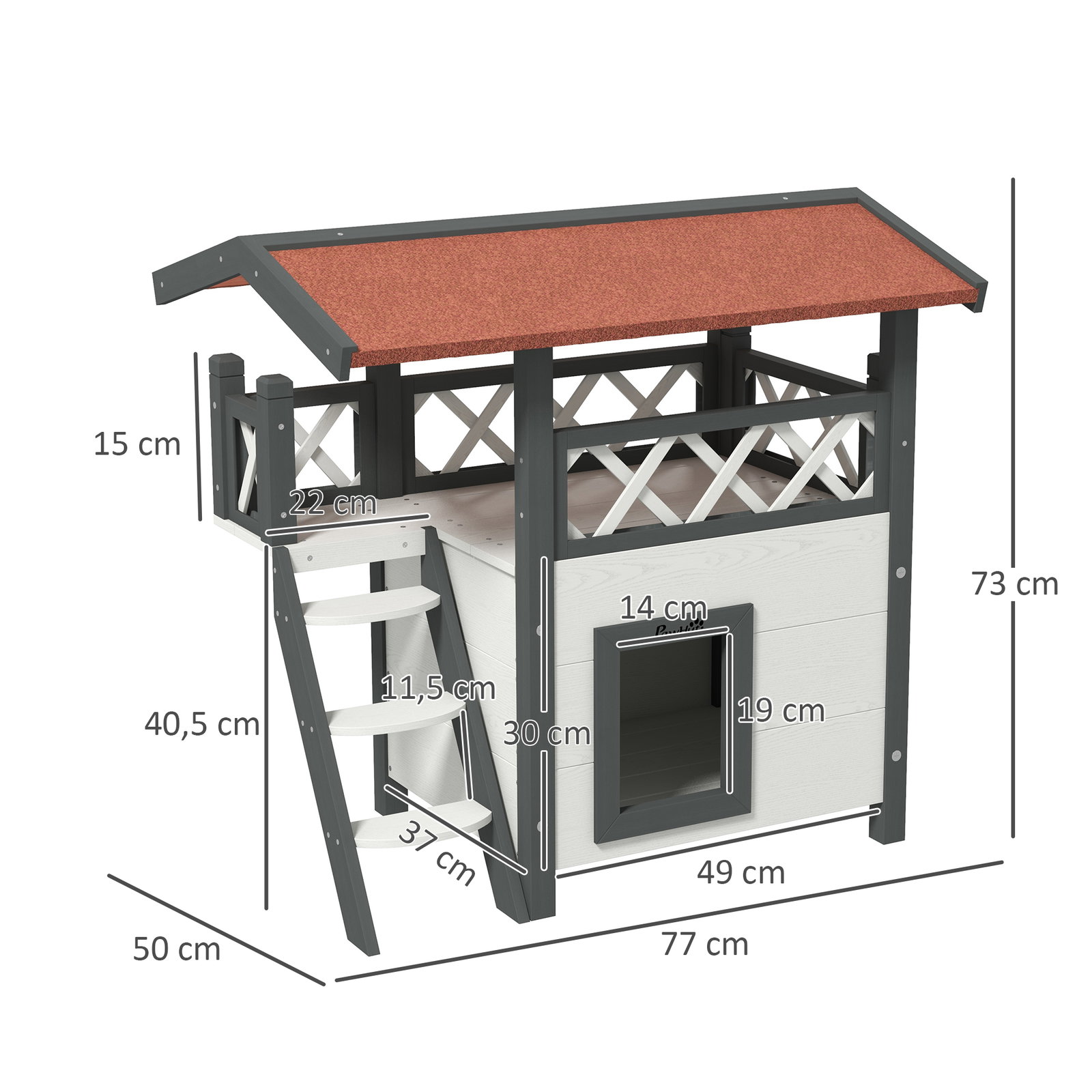 Casa para gatos de madeira 77x50x73cm casa para gatos com 2 níveis com teto asfáltico terraço cercado caverna e escada branco