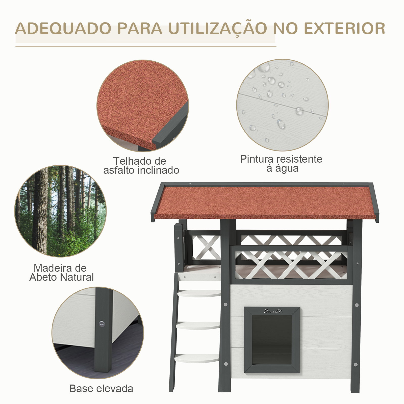Casa para gatos de madeira 77x50x73cm casa para gatos com 2 níveis com teto asfáltico terraço cercado caverna e escada branco
