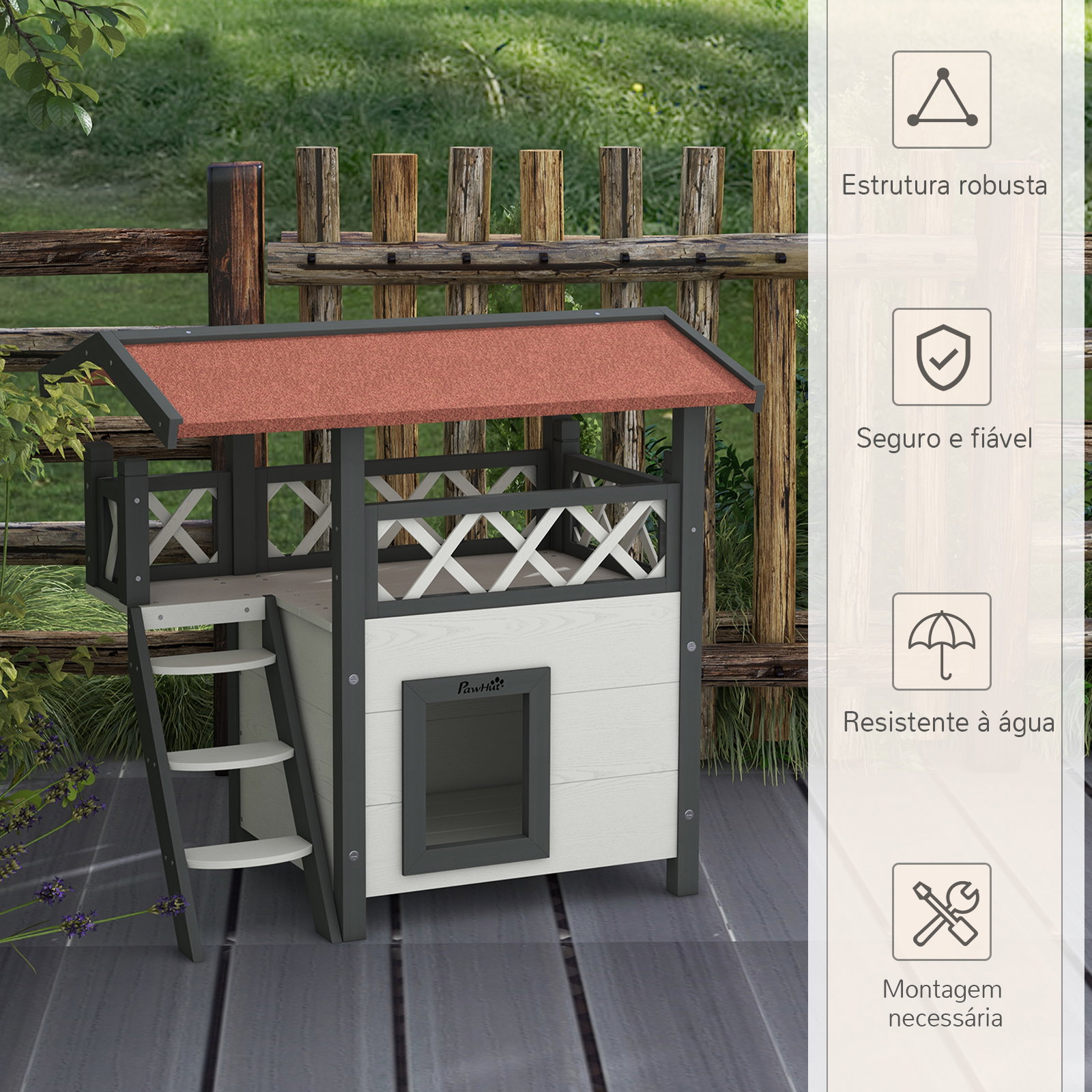 Casa para gatos de madeira 77x50x73cm casa para gatos com 2 níveis com teto asfáltico terraço cercado caverna e escada branco