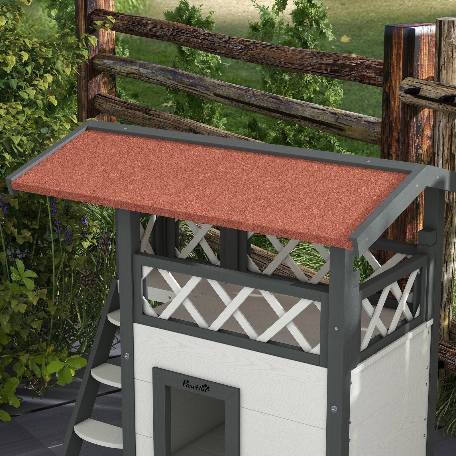 Casa para gatos de madeira 77x50x73cm casa para gatos com 2 níveis com teto asfáltico terraço cercado caverna e escada branco