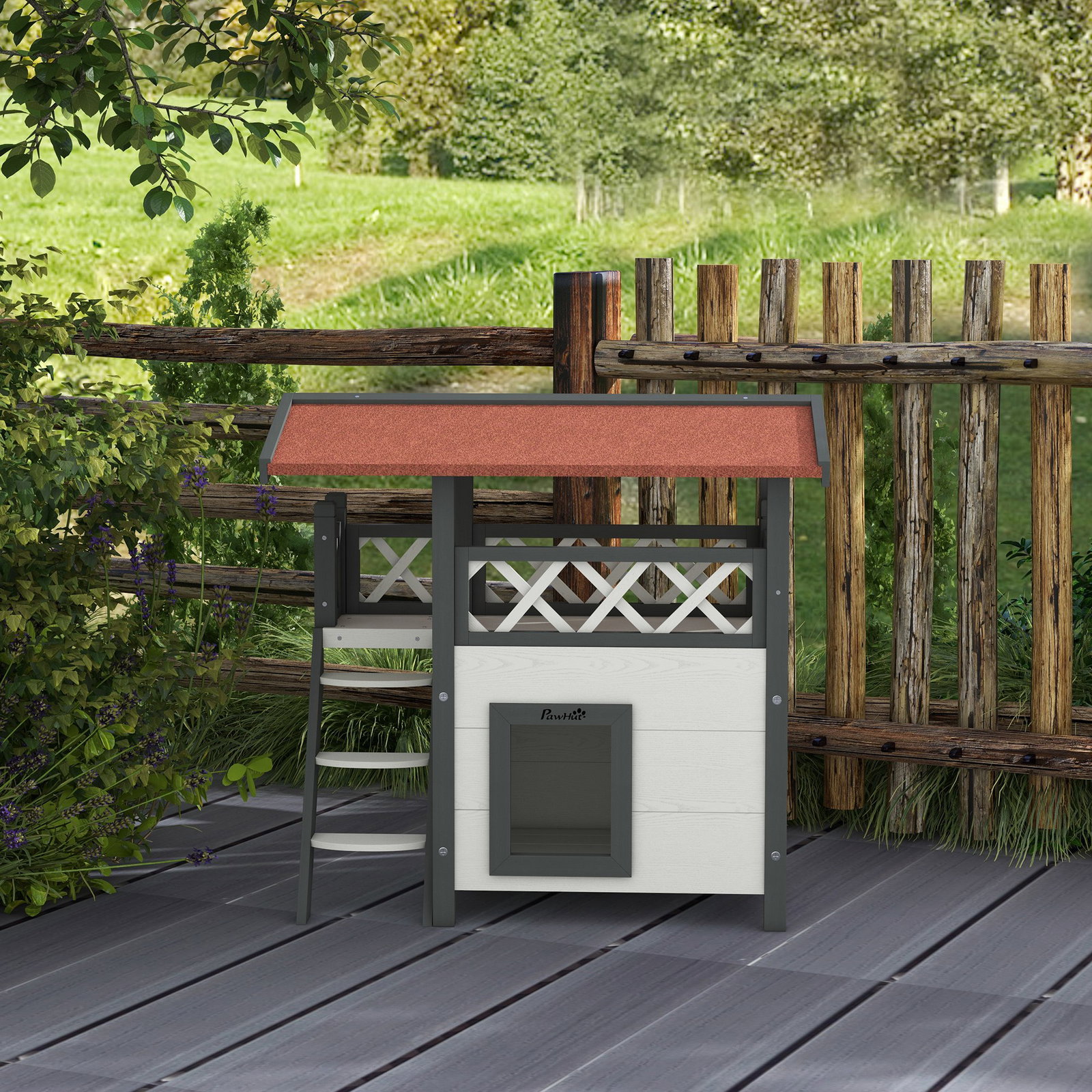 Casa para gatos de madeira 77x50x73cm casa para gatos com 2 níveis com teto asfáltico terraço cercado caverna e escada branco