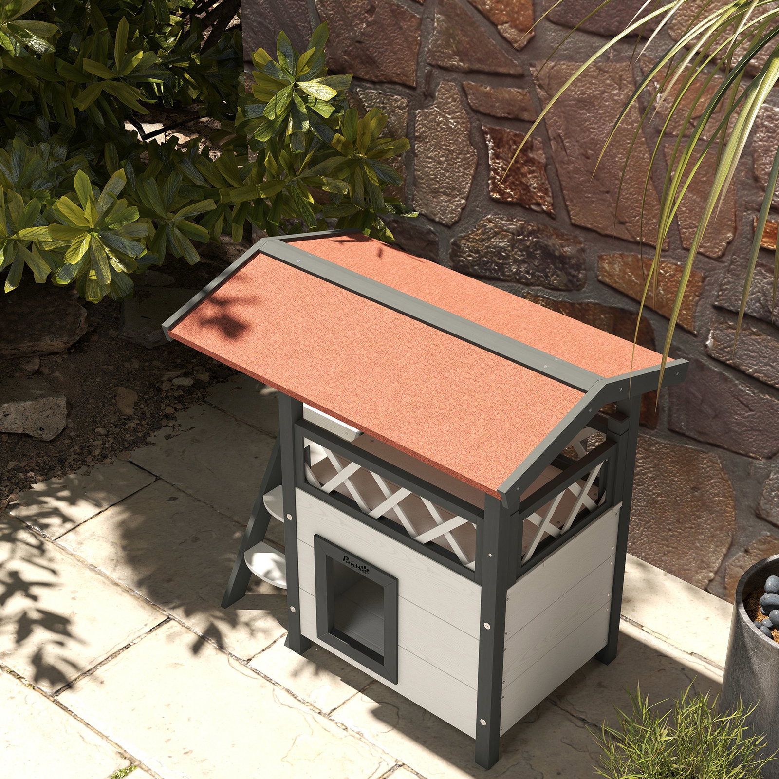 Casa para gatos de madeira 77x50x73cm casa para gatos com 2 níveis com teto asfáltico terraço cercado caverna e escada branco