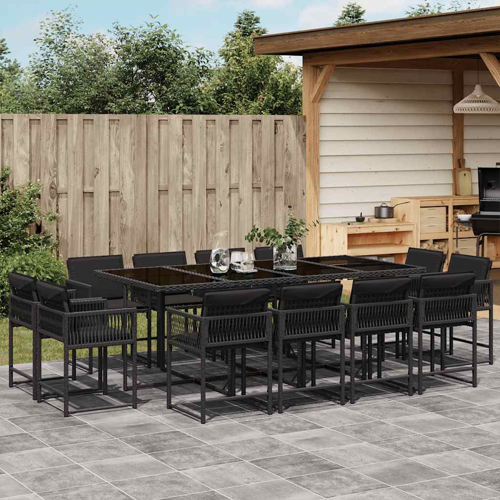 13 Pcs conjunto de jantar p/jardim com almofadões vime PE preto