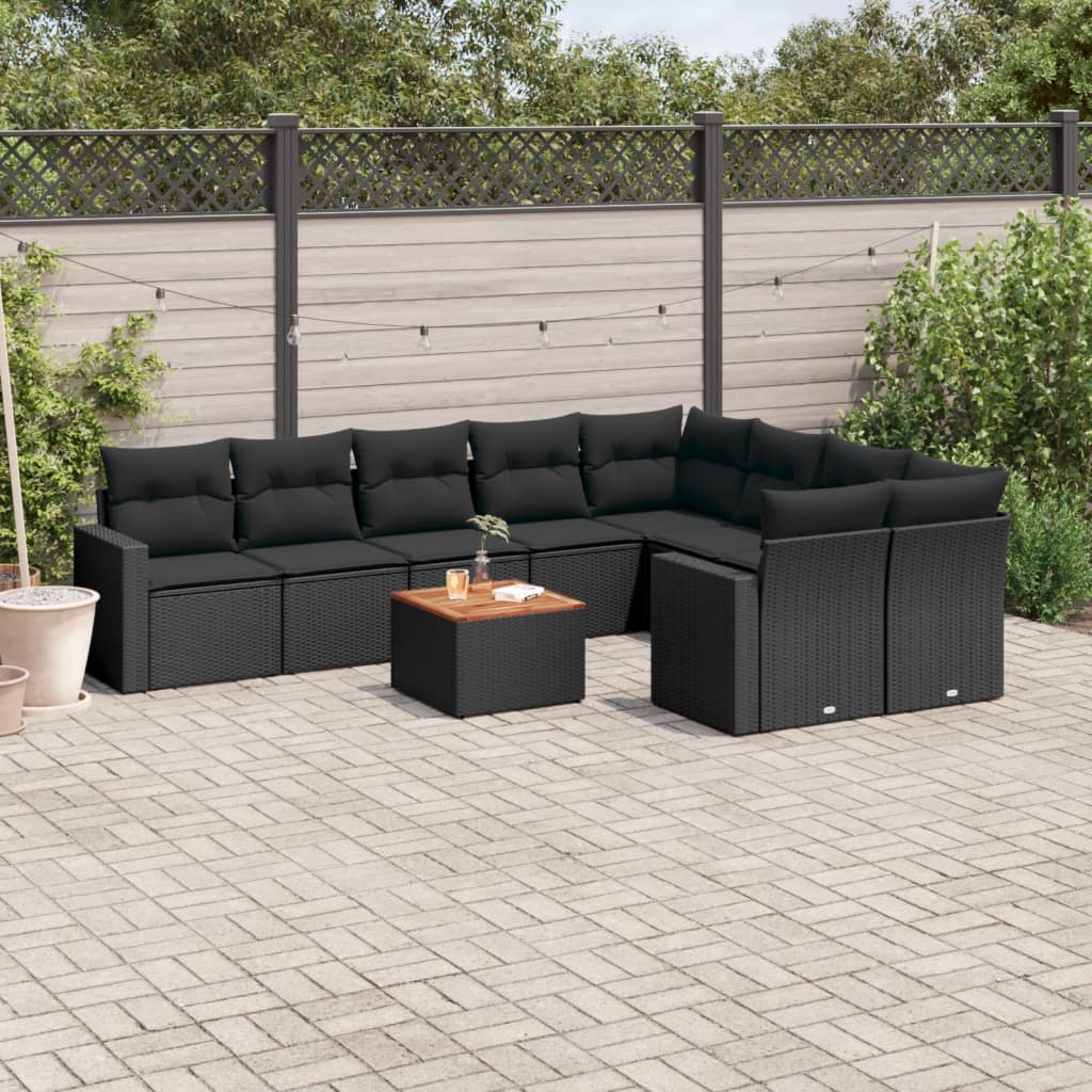 10 Pcs conjunto sofás de jardim c/ almofadões vime PE preto