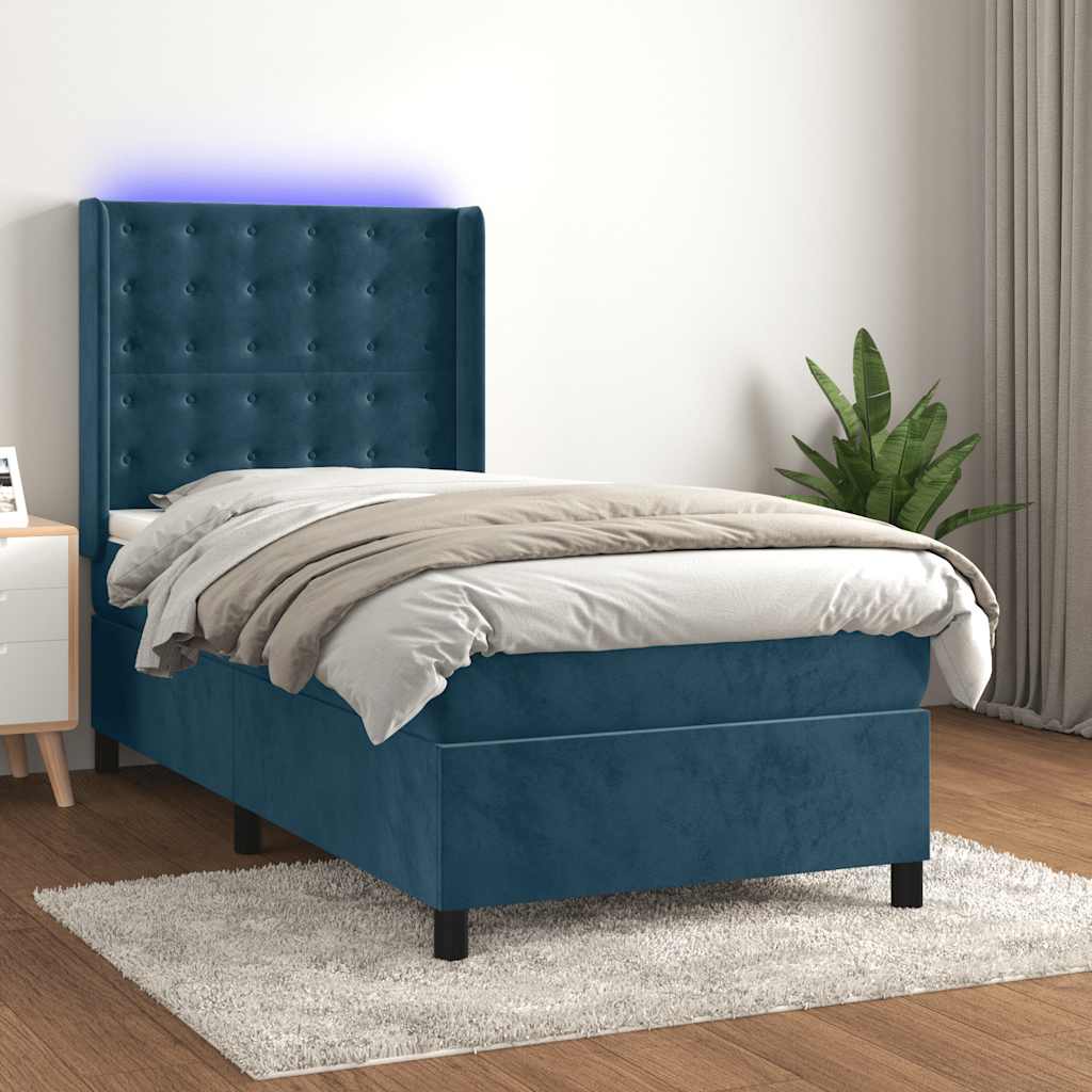 Cama box spring c/ colchão/LED 80x200 cm veludo azul-escuro