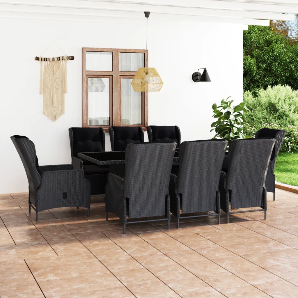 9 Pcs conj. jantar exterior c/ almofadões vime PE cinza-escuro